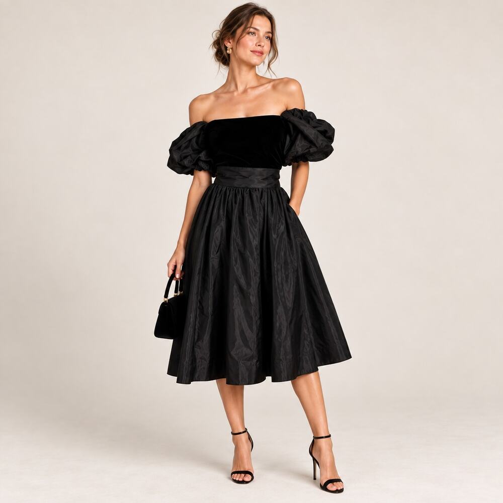 Vintage 1980s Sakowitz Black Velvet Taffeta Off Shoulder Party Dress XS S